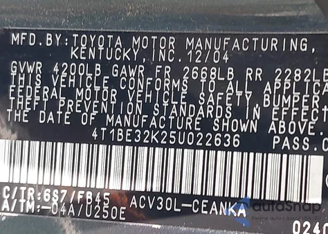 2005 Toyota Camry Le из США, поврежденный, VIN 4T1BE32K25U022636